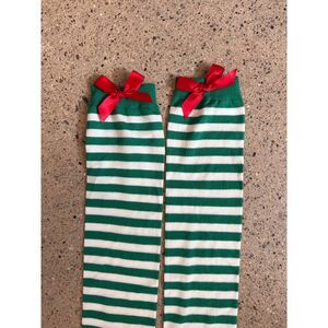 Green & White Striped Holiday Thigh-Highs with Bows (Worn Once)